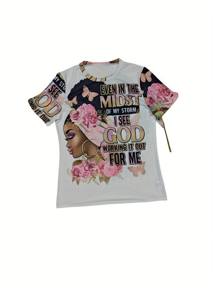 Women's Floral Graphic T-Shirt - Round Neck Short Sleeve – White – view 9