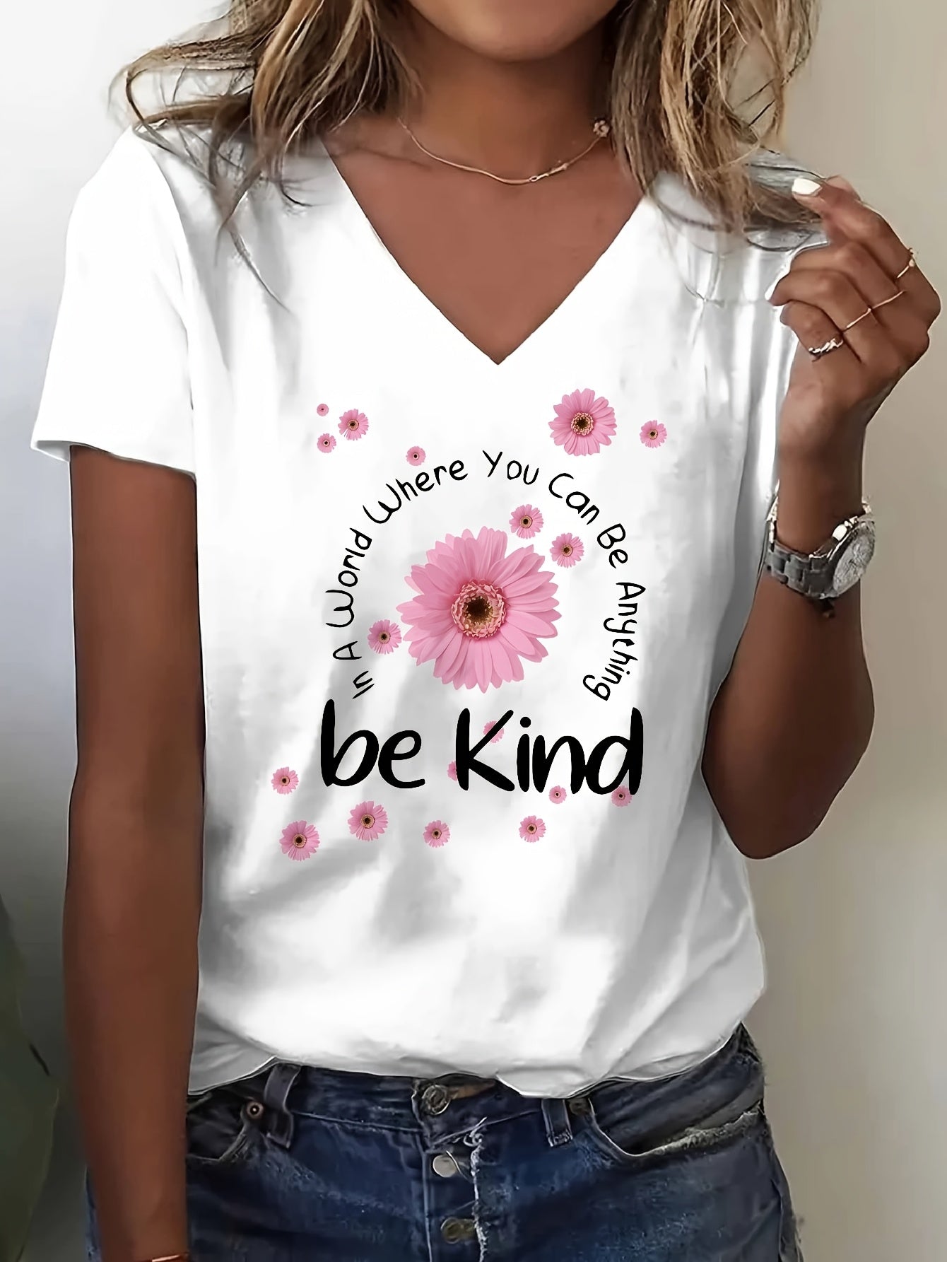 Women's Floral Graphic T-Shirt - V-Neck Short Sleeve – view 8