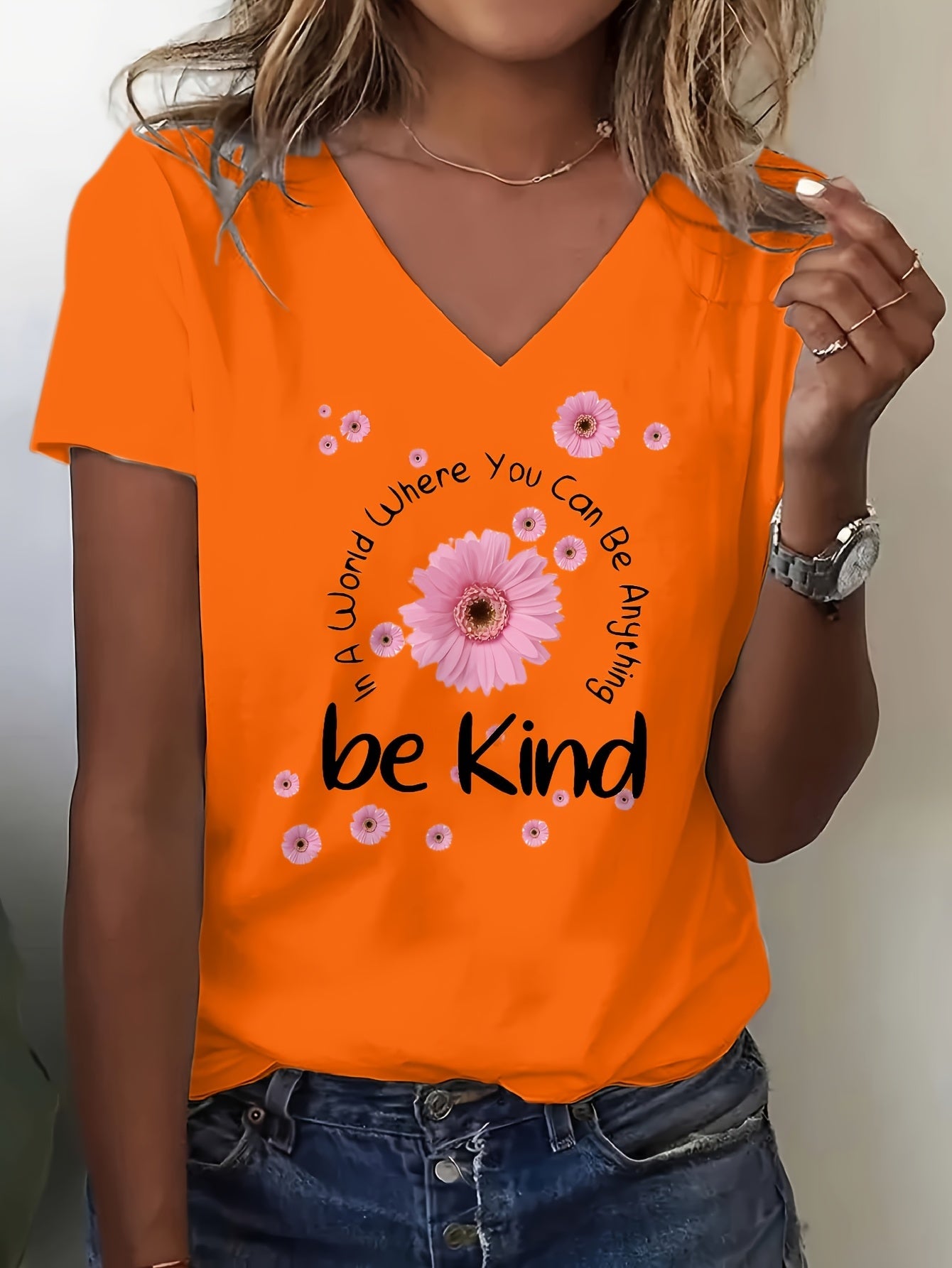 Women's Floral Graphic T-Shirt - V-Neck Short Sleeve – view 14