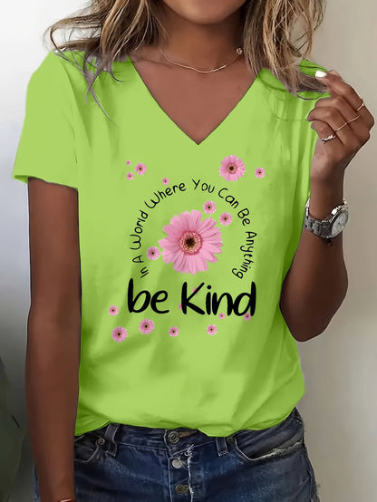 Women's Floral Graphic T-Shirt - V-Neck Short Sleeve – White option – view 2