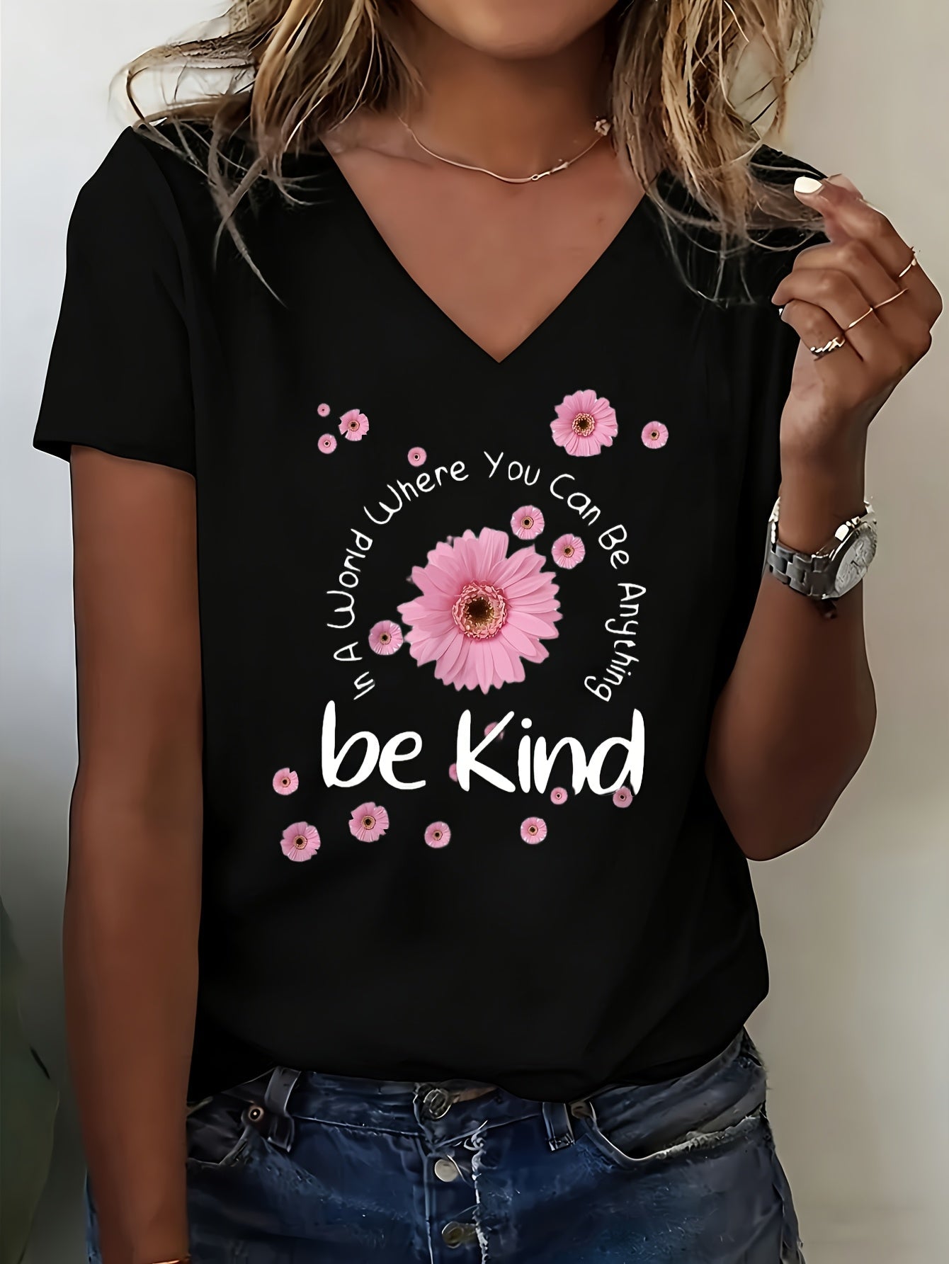 Women's Floral Graphic T-Shirt - V-Neck Short Sleeve – White option – view 4