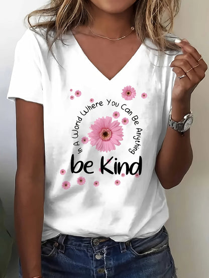 Women's Floral Graphic T-Shirt - V-Neck Short Sleeve – White option – view 5
