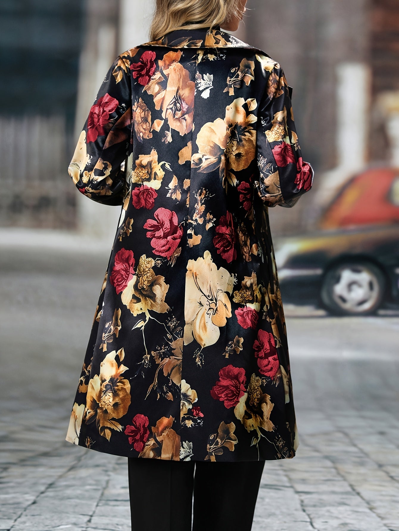 Women's Floral Longline Blazer - Single-Breasted Loose Fit detail view