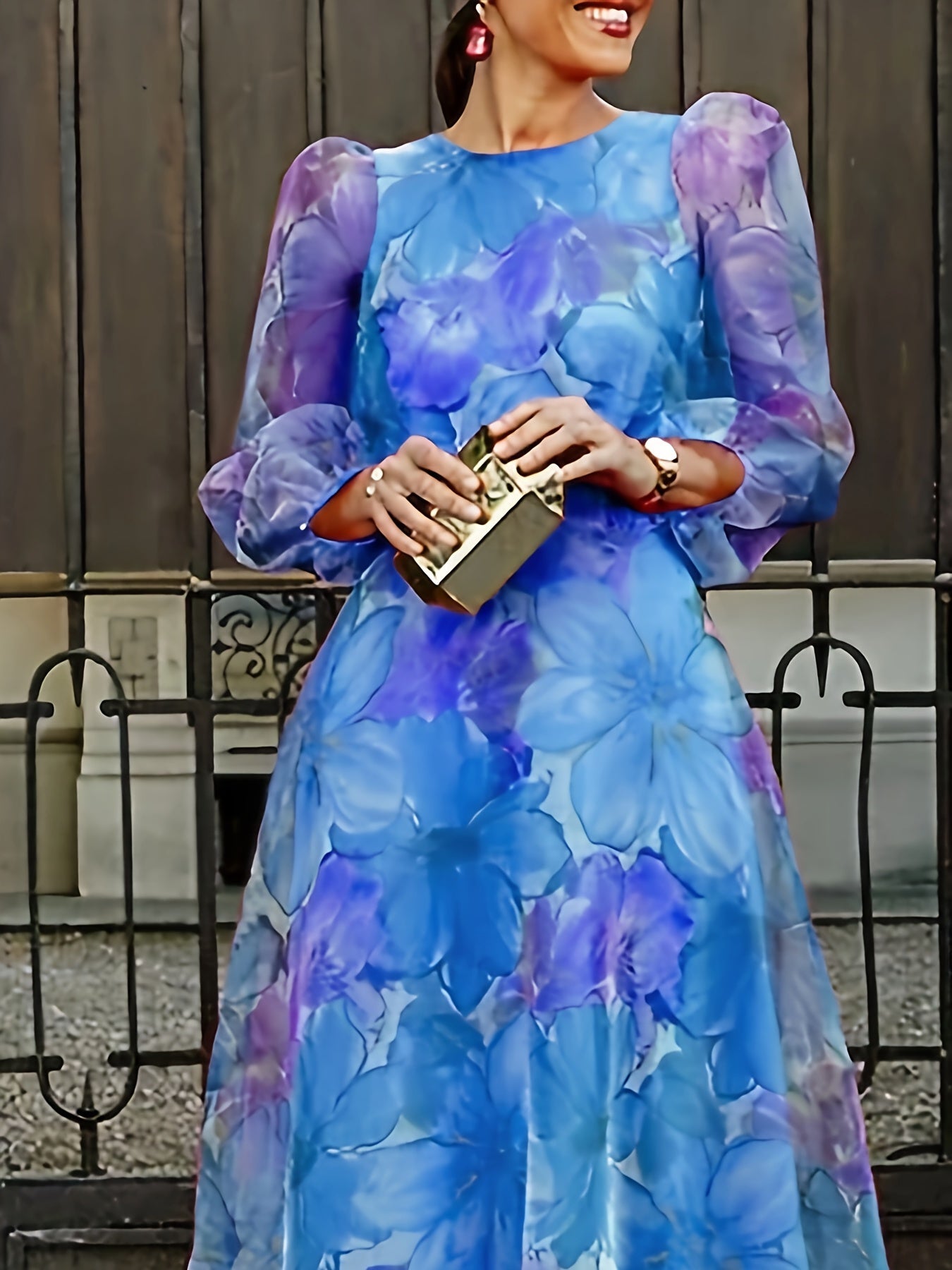 Women's Floral Maxi Cocktail Dress - Long Sleeve Party Ready detail view