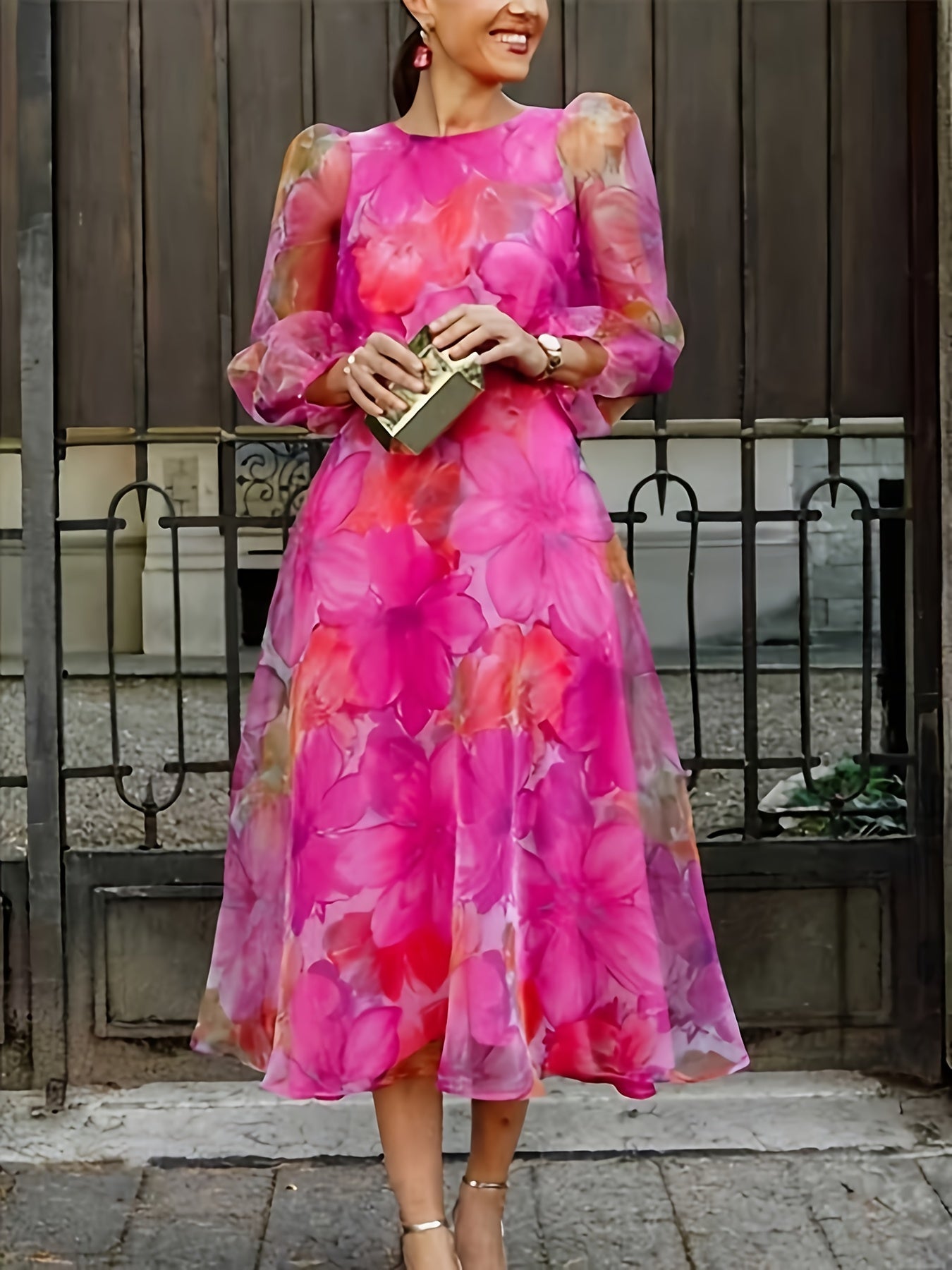 Women's Floral Maxi Cocktail Dress - Long Sleeve Party Ready detail view