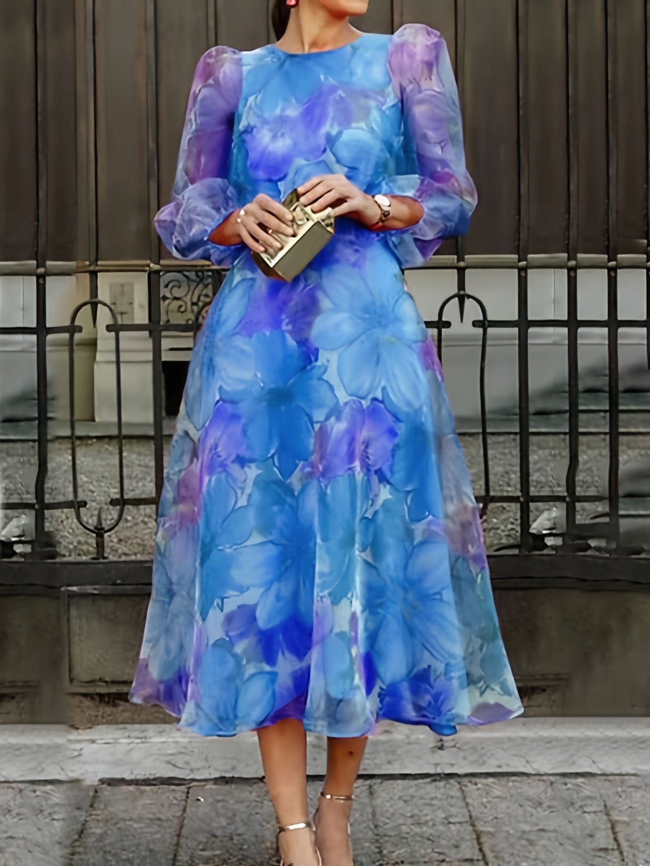 Women's Floral Maxi Cocktail Dress - Long Sleeve Party Ready detail view