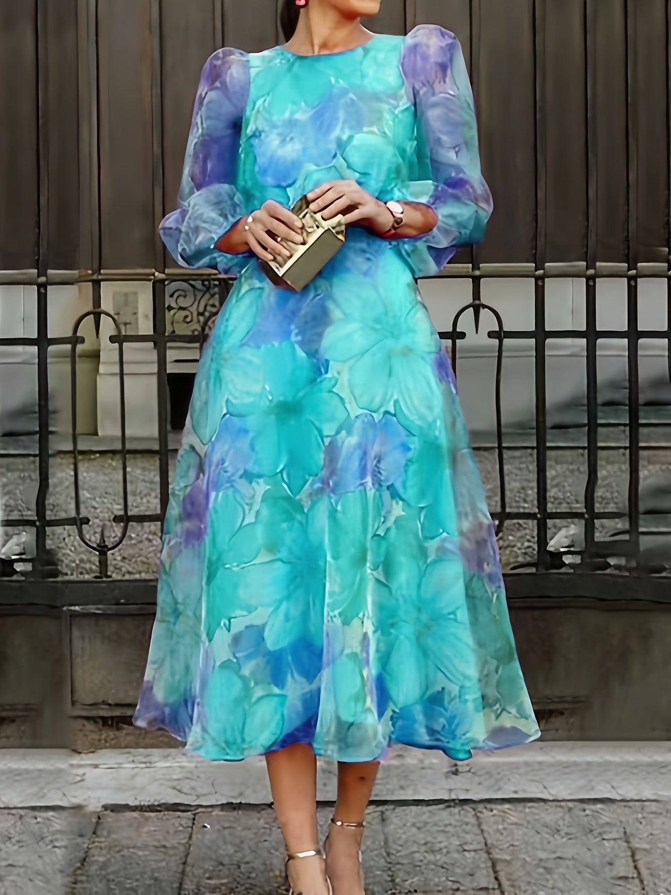 Women's Floral Maxi Cocktail Dress - Long Sleeve Party Ready – Pink option – view 2