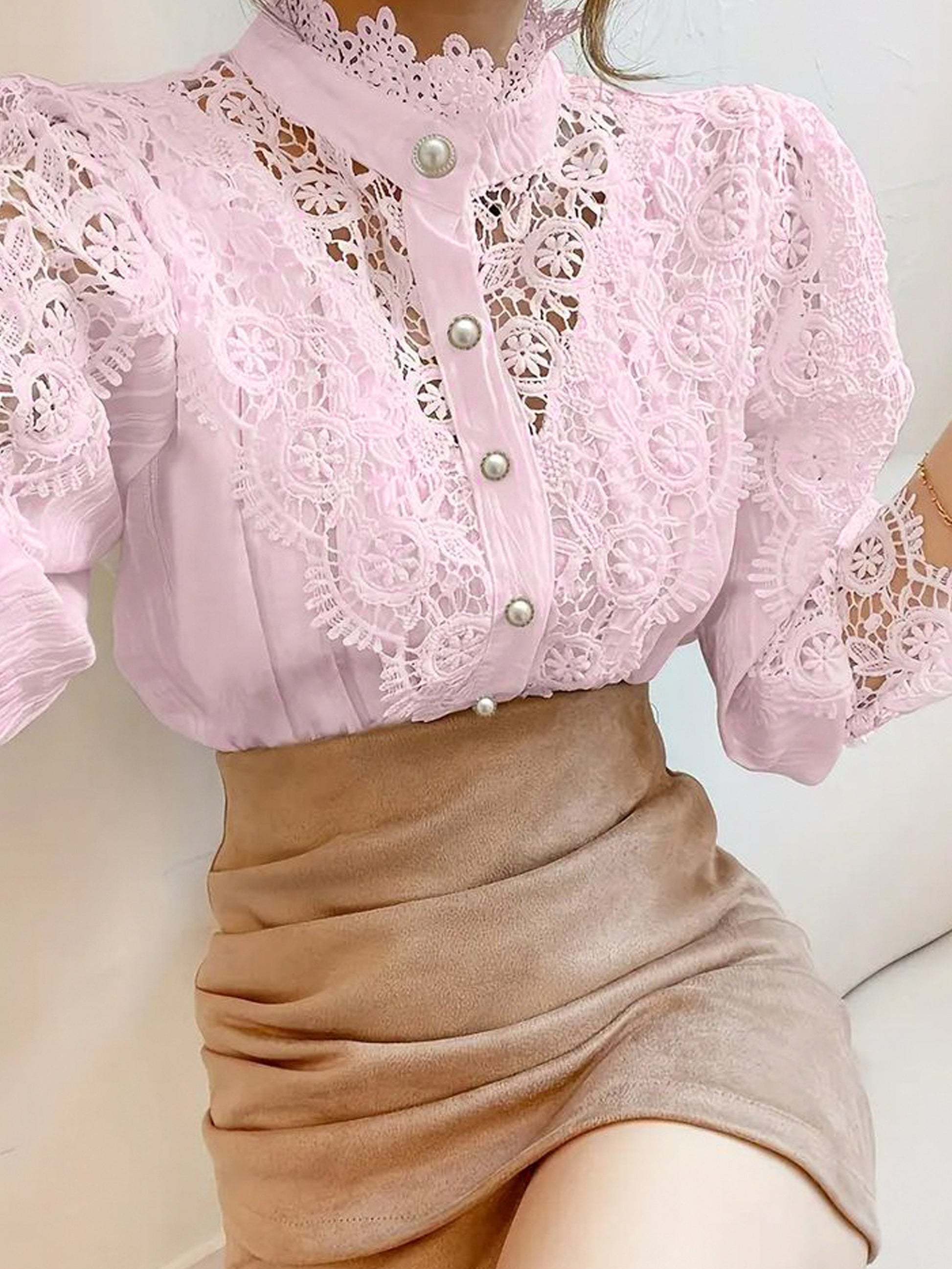 Women's Floral Print Blouse - Classic Neck Short Sleeve detail view