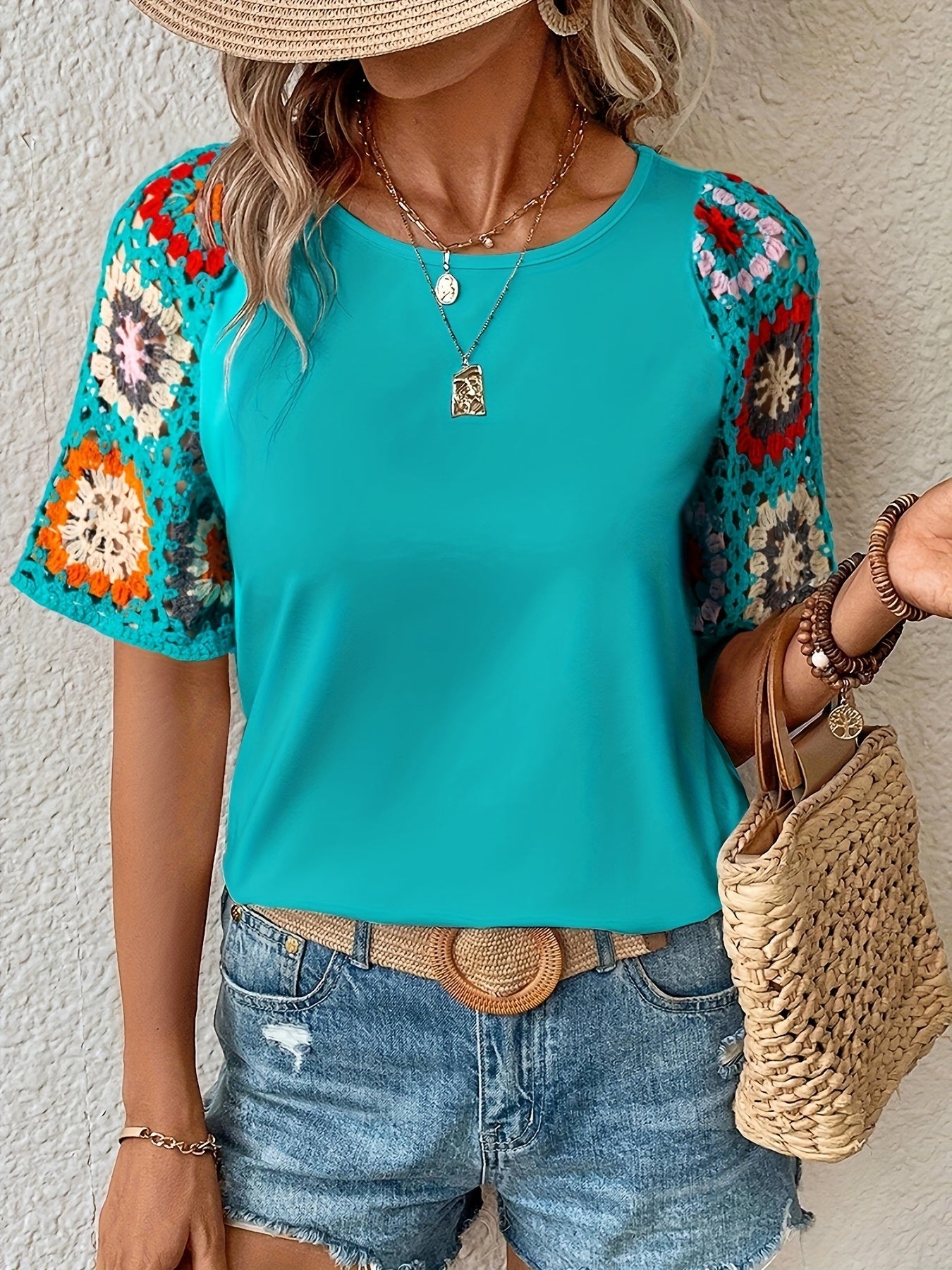 Women's Floral Print Blouse - Crew Neck Short Sleeve – Sizes S–L detail view