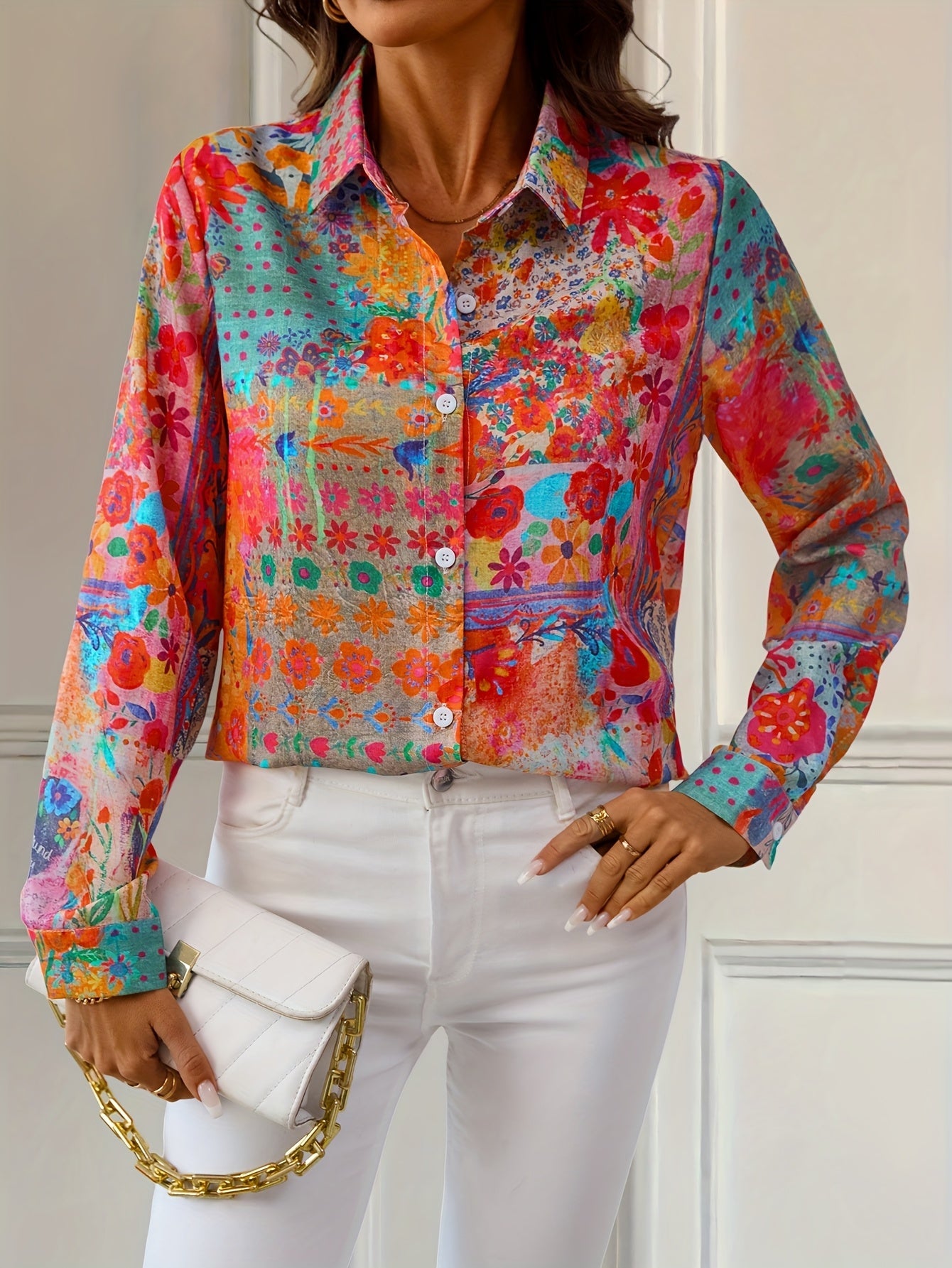 Women's Floral Print Blouse - V-Neck Long Sleeve – Red detail view