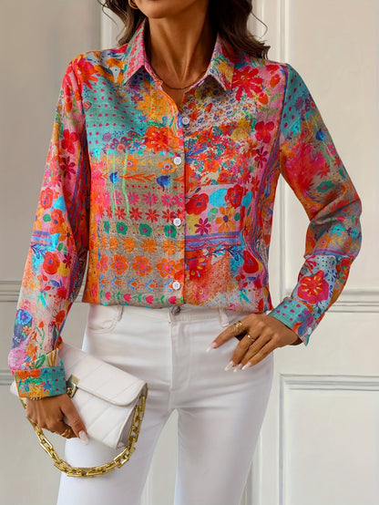 Women's Floral Print Blouse - V-Neck Long Sleeve – Red detail view