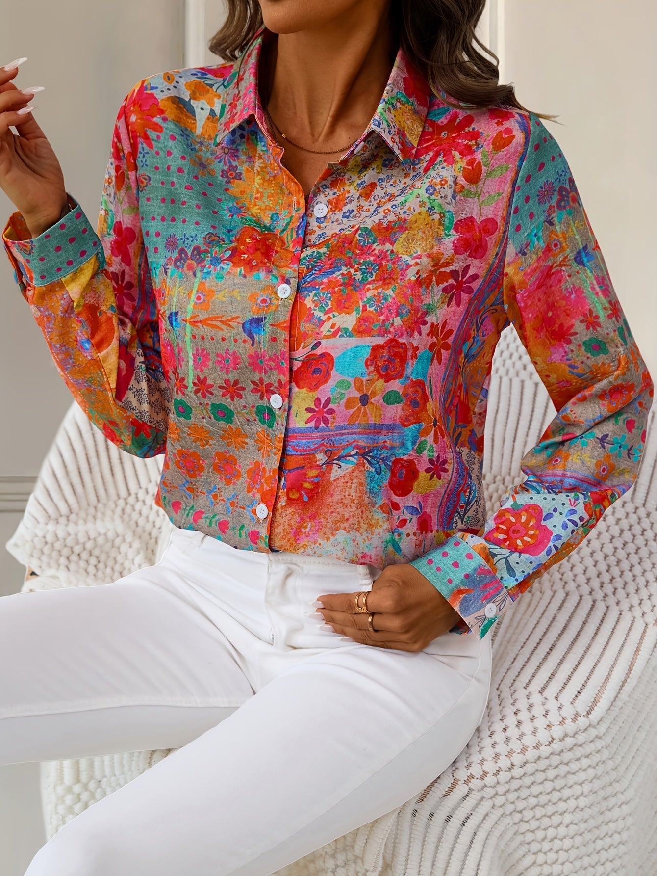Women's Floral Print Blouse - V-Neck Long Sleeve – Red detail view