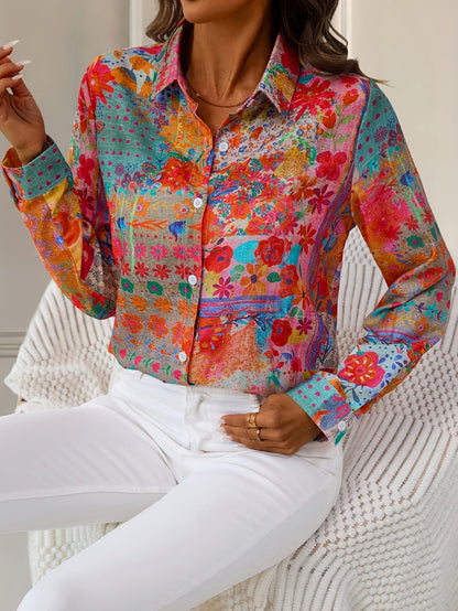 Women's Floral Print Blouse - V-Neck Long Sleeve – Red detail view