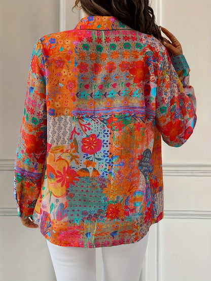 Women's Floral Print Blouse - V-Neck Long Sleeve – Red detail view