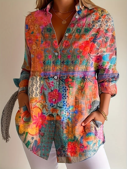 Women's Floral Print Blouse - V-Neck Long Sleeve – Red detail view