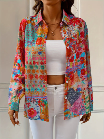 Women's Floral Print Blouse - V-Neck Long Sleeve – Red detail view