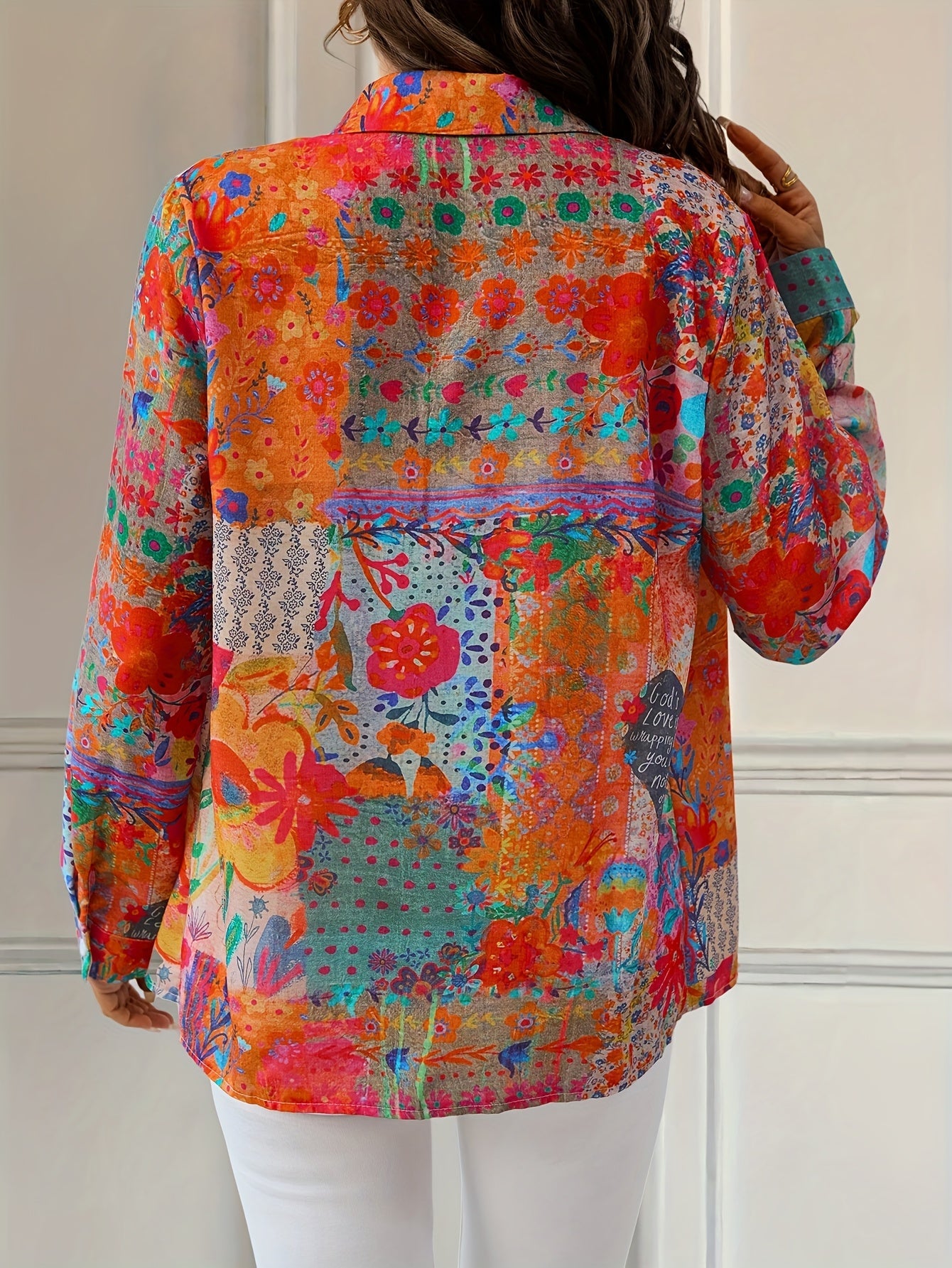 Women's Floral Print Blouse - V-Neck Long Sleeve – Red detail view