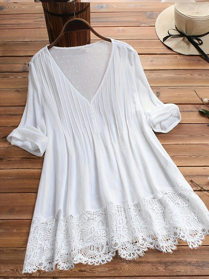 Women's Floral Print Blouse - V-Neck Long Sleeve – White / Pink detail view