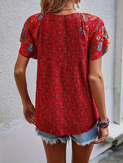 Women's Floral Print Blouse - V-Neck Short Sleeve – Sizes 1XL–5XL / 4-Variant Selection detail view