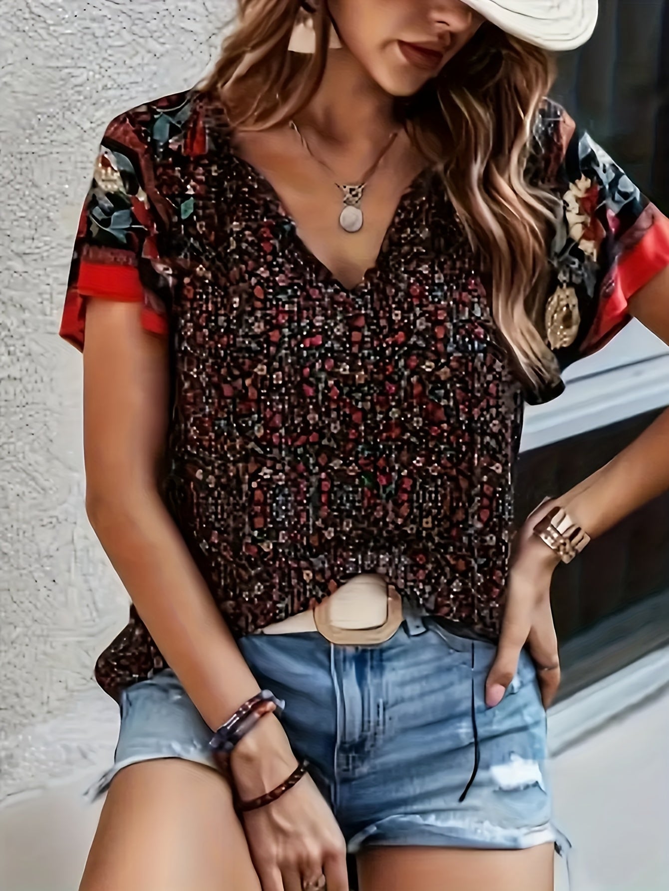 Women's Floral Print Blouse - V-Neck Short Sleeve – Sizes 1XL–5XL / 4-Variant Selection detail view