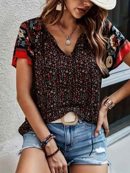 Women's Floral Print Blouse - V-Neck Short Sleeve – Sizes 1XL–5XL / 4-Variant Selection detail view