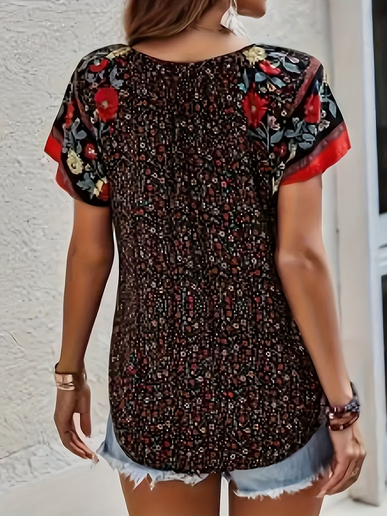 Women's Floral Print Blouse - V-Neck Short Sleeve – Sizes 1XL–5XL / 4-Variant Selection detail view