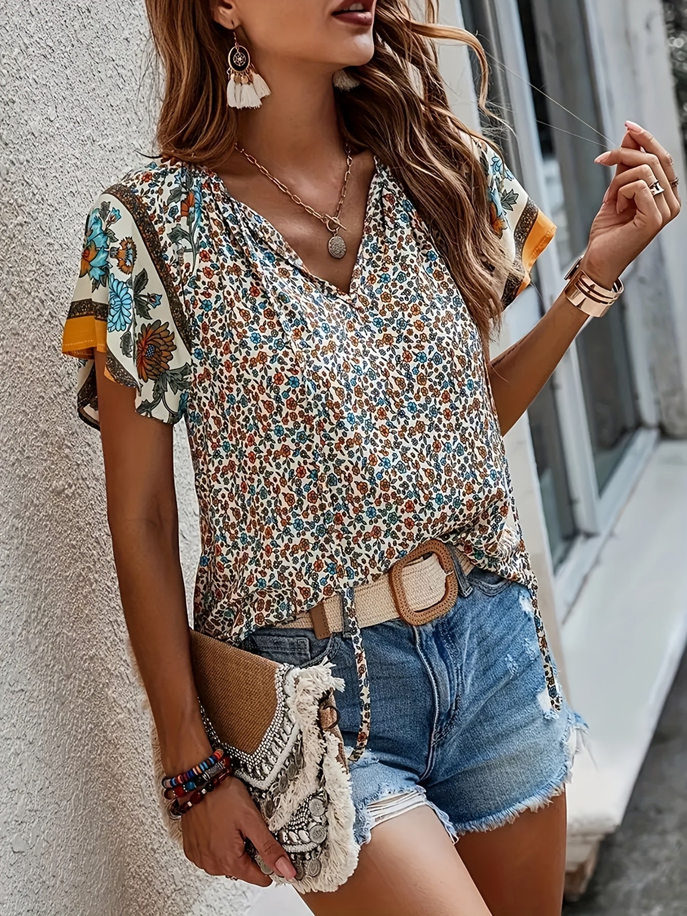 Women's Floral Print Blouse - V-Neck Short Sleeve – Sizes 1XL–5XL / 4-Variant Selection detail view