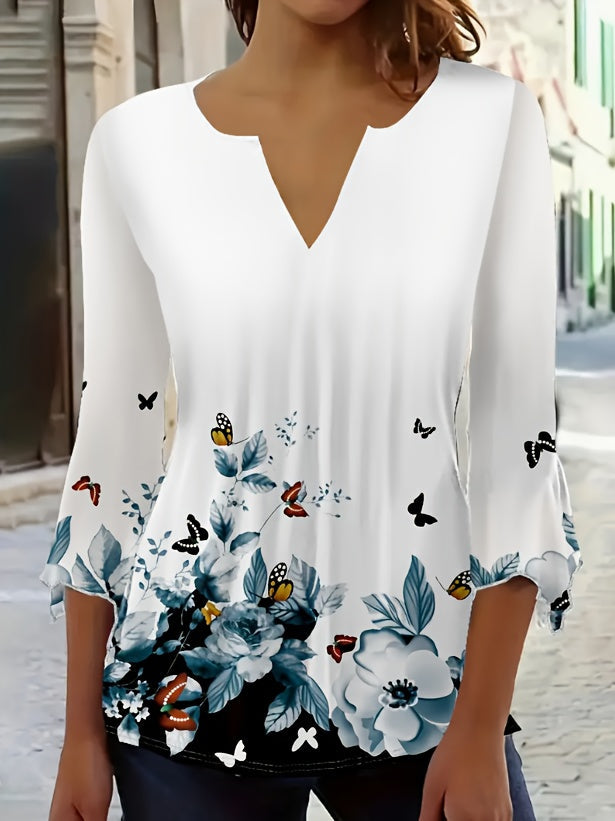 Women's Floral Print Blouse - V-Neck Short Sleeve – White detail view