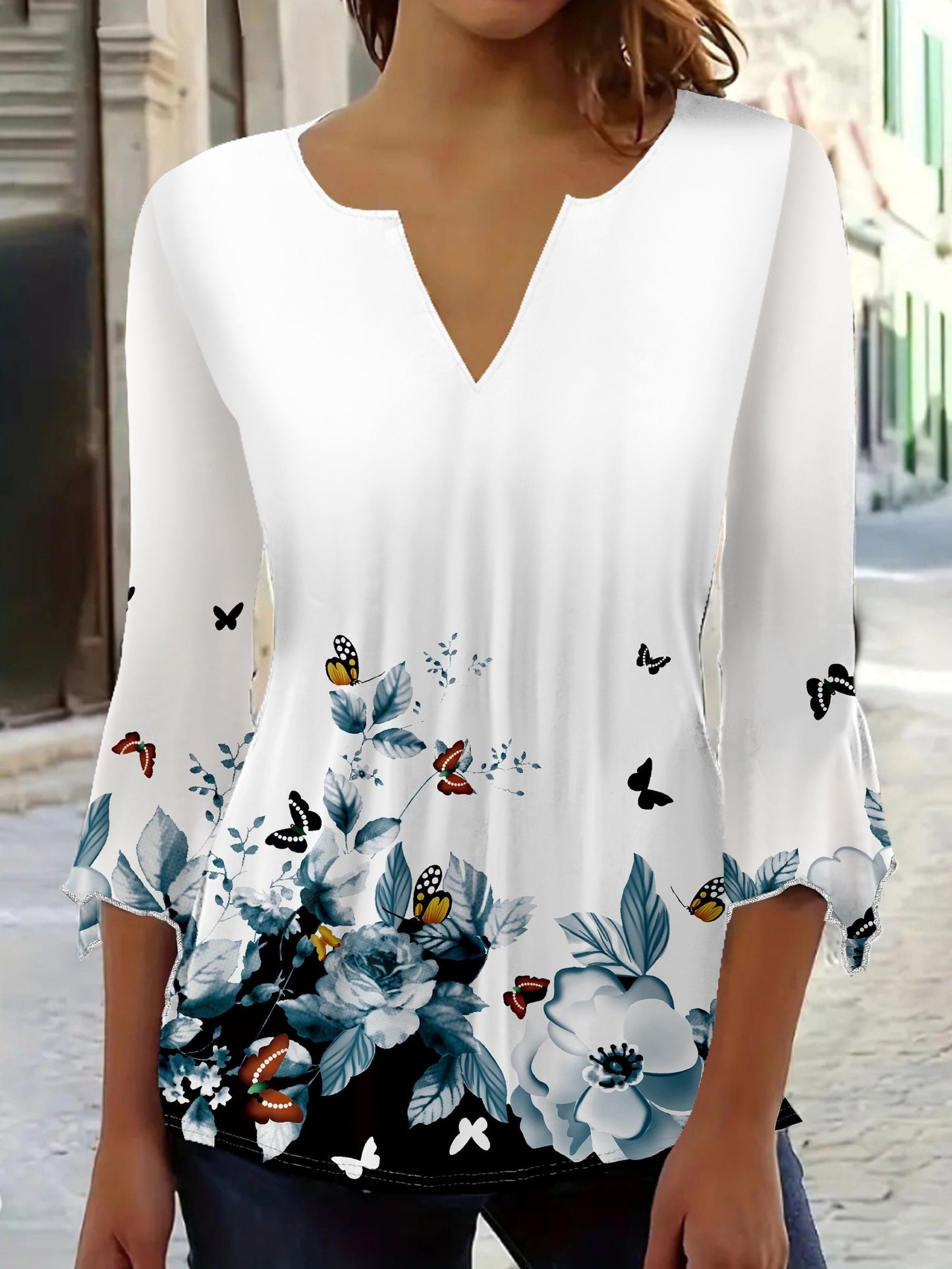 Women's Floral Print Blouse - V-Neck Short Sleeve – White – White option – main product image