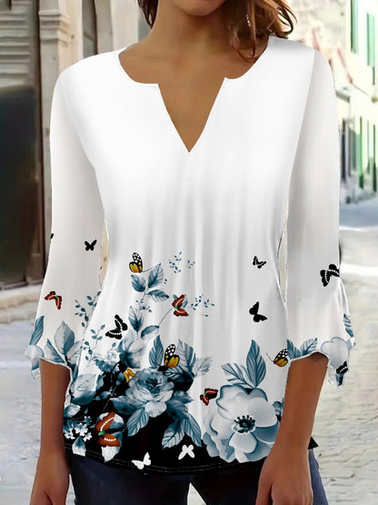 Women's Floral Print Blouse - V-Neck Short Sleeve – White – White option – main product image