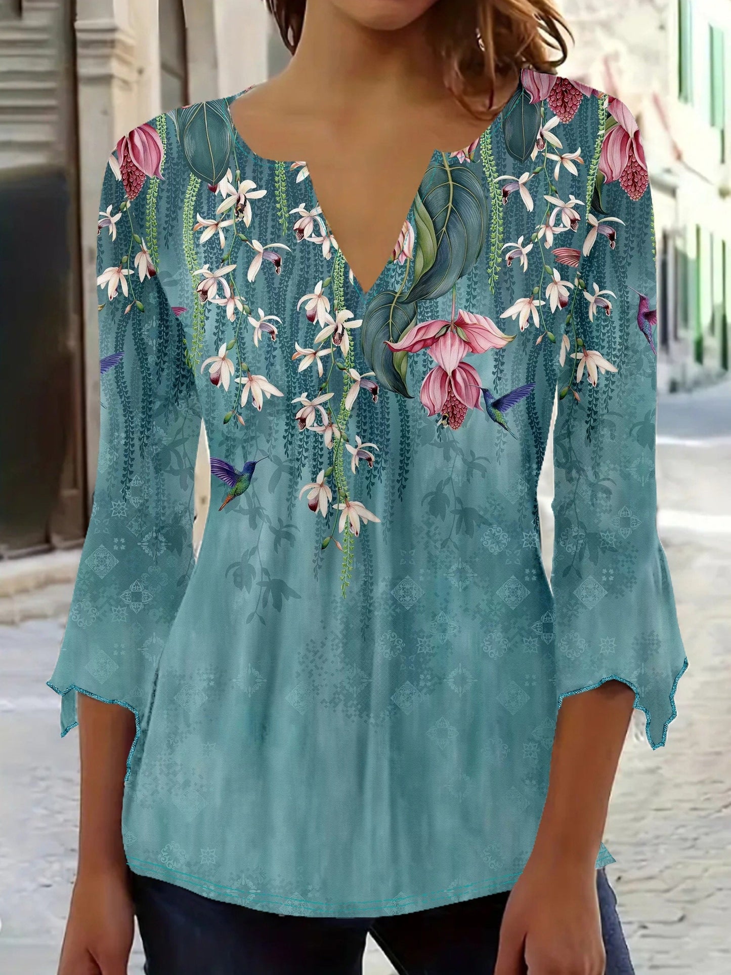 Women's Floral Print Blouse - V-Neck – Sky Blue detail view