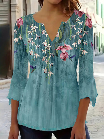 Women's Floral Print Blouse - V-Neck – Sky Blue – Blue option – main product image