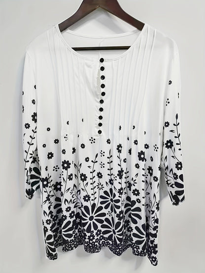 Women's Floral Print Blouse - V-Neck Three-Quarter Sleeve detail view