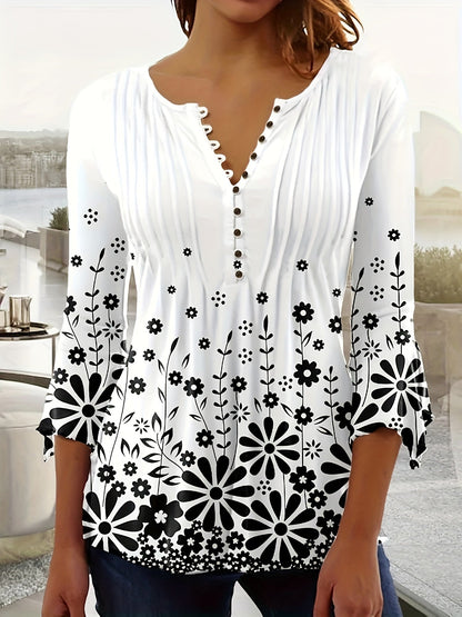 Women's Floral Print Blouse - V-Neck Three-Quarter Sleeve detail view