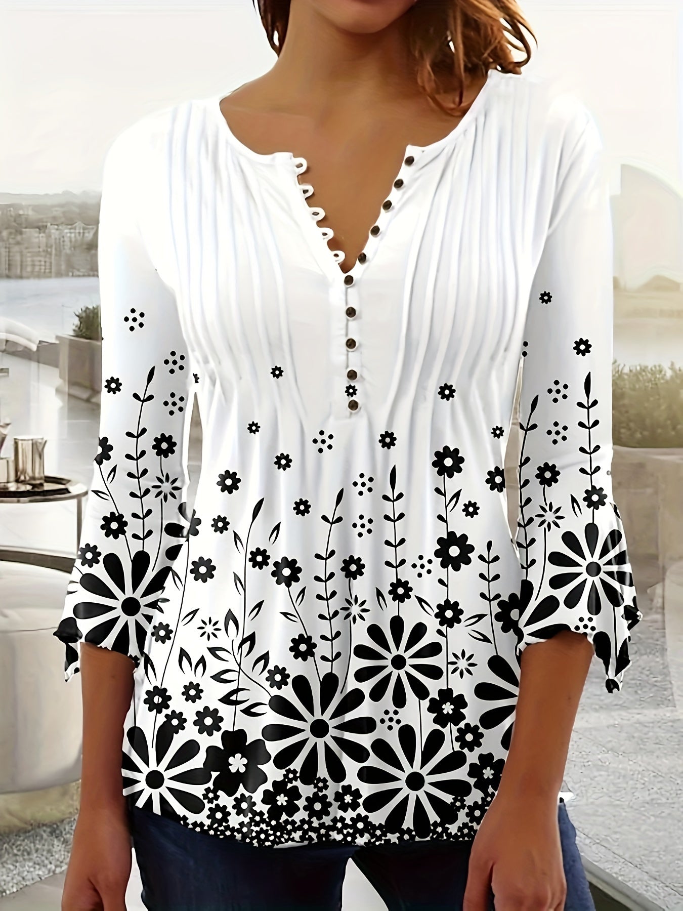 Women's Floral Print Blouse - V-Neck Three-Quarter Sleeve – White option – main product image