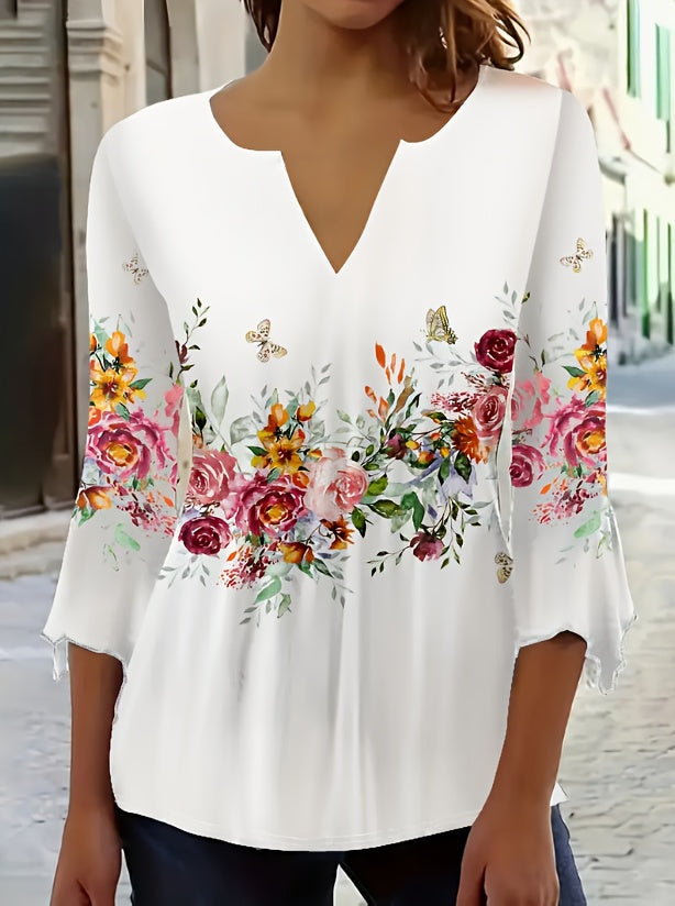 Women's Floral Print Blouse - V-Neck – White detail view