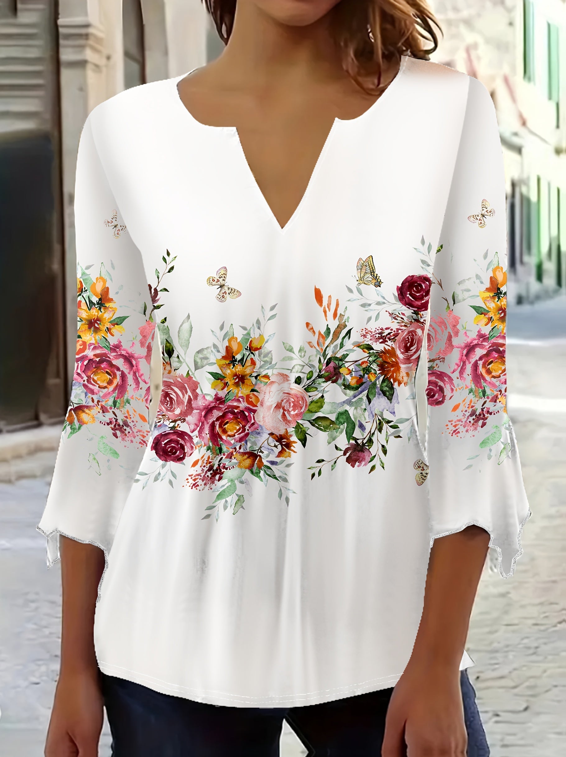 Women's Floral Print Blouse - V-Neck – White – White option – main product image