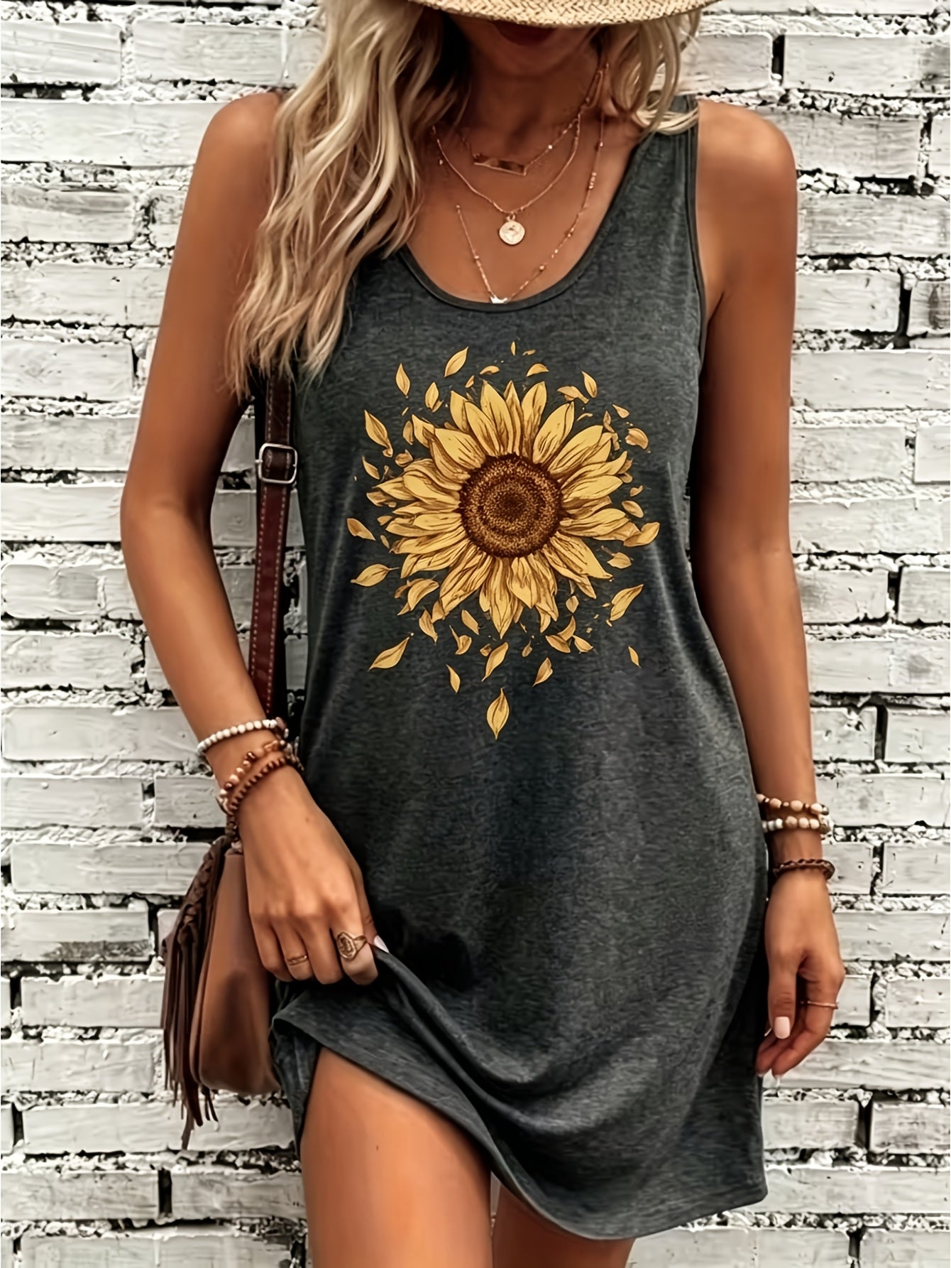 Women's Floral Print Dress - Classic Neckline – Black option – view 2