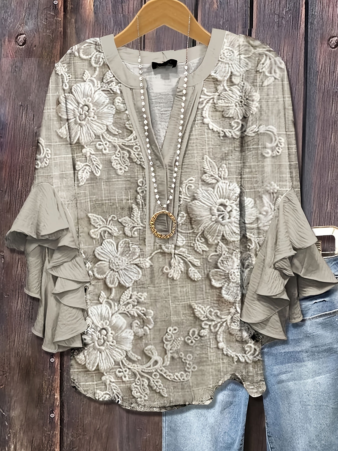 Women's Floral Print Shirt - Short Sleeve – Khaki option – view 2