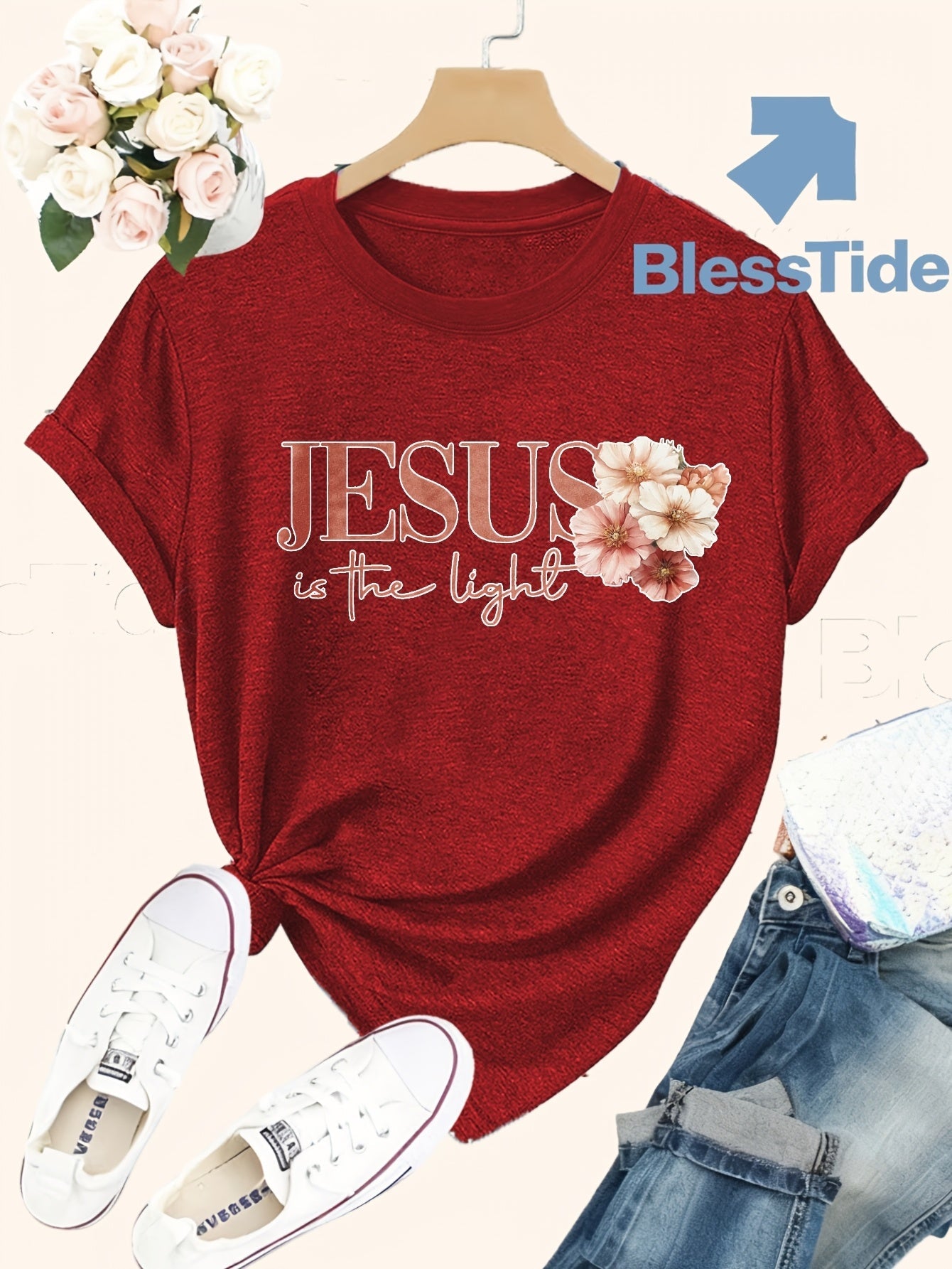 Women's Floral Print T-Shirt - Classic Neck Short Sleeve detail view
