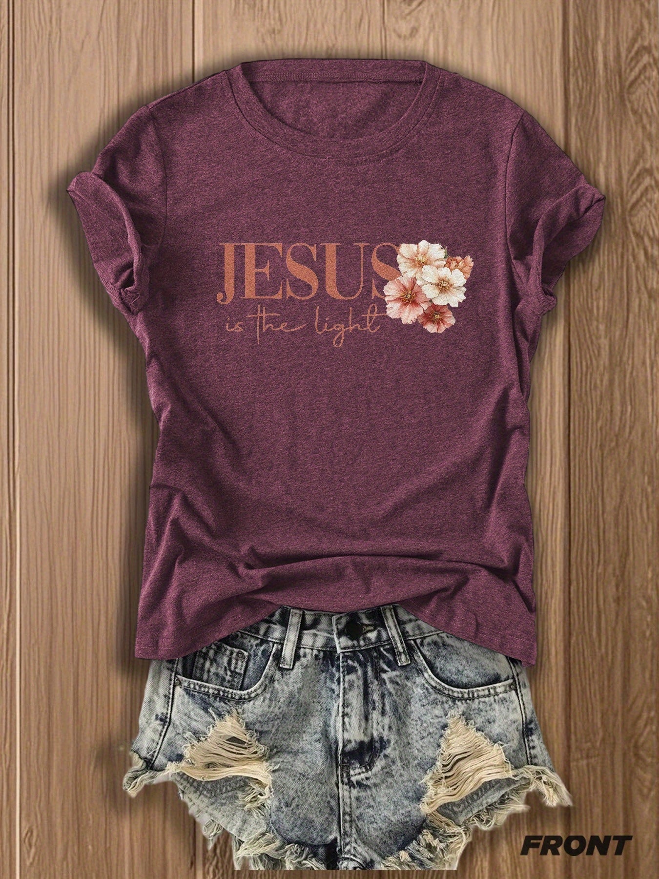 Women's Floral Print T-Shirt - Classic Neck Short Sleeve detail view