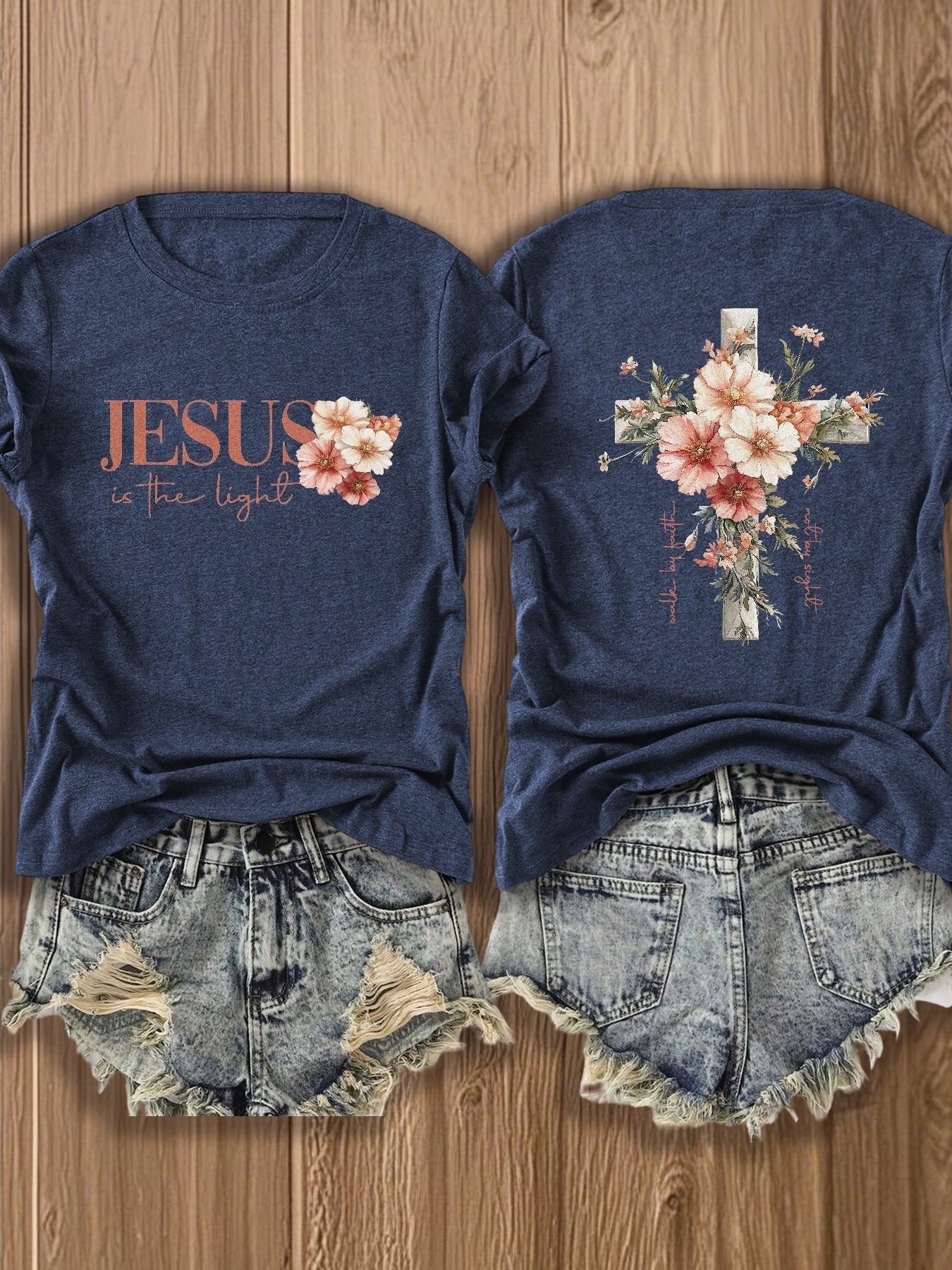 Women's Floral Print T-Shirt - Classic Neck Short Sleeve detail view