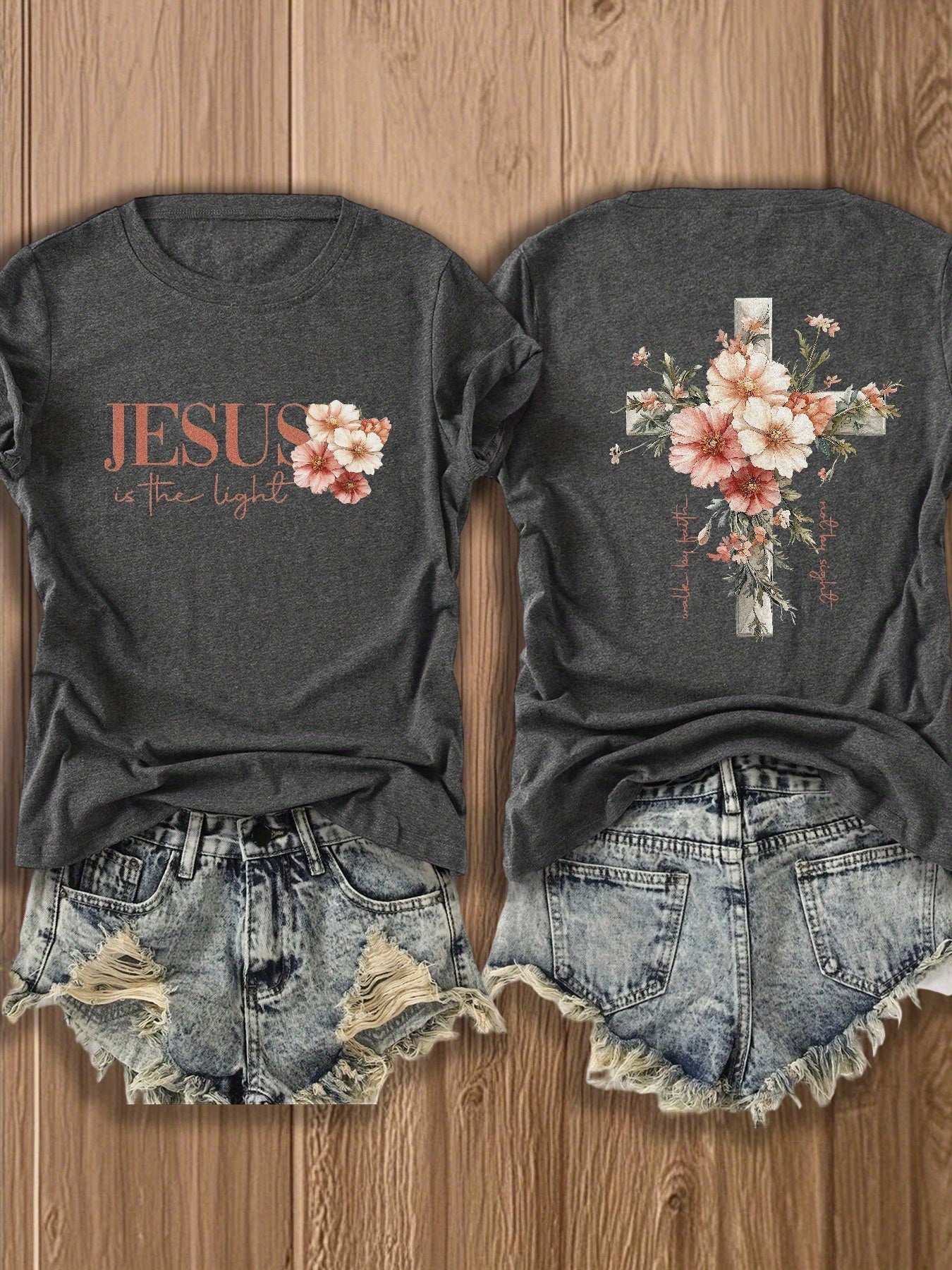 Women's Floral Print T-Shirt - Classic Neck Short Sleeve detail view