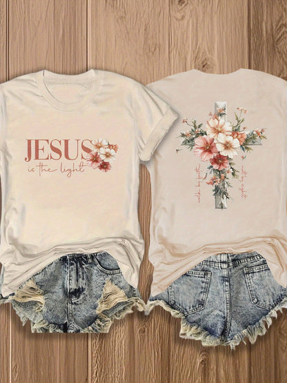 Women's Floral Print T-Shirt - Classic Neck Short Sleeve detail view