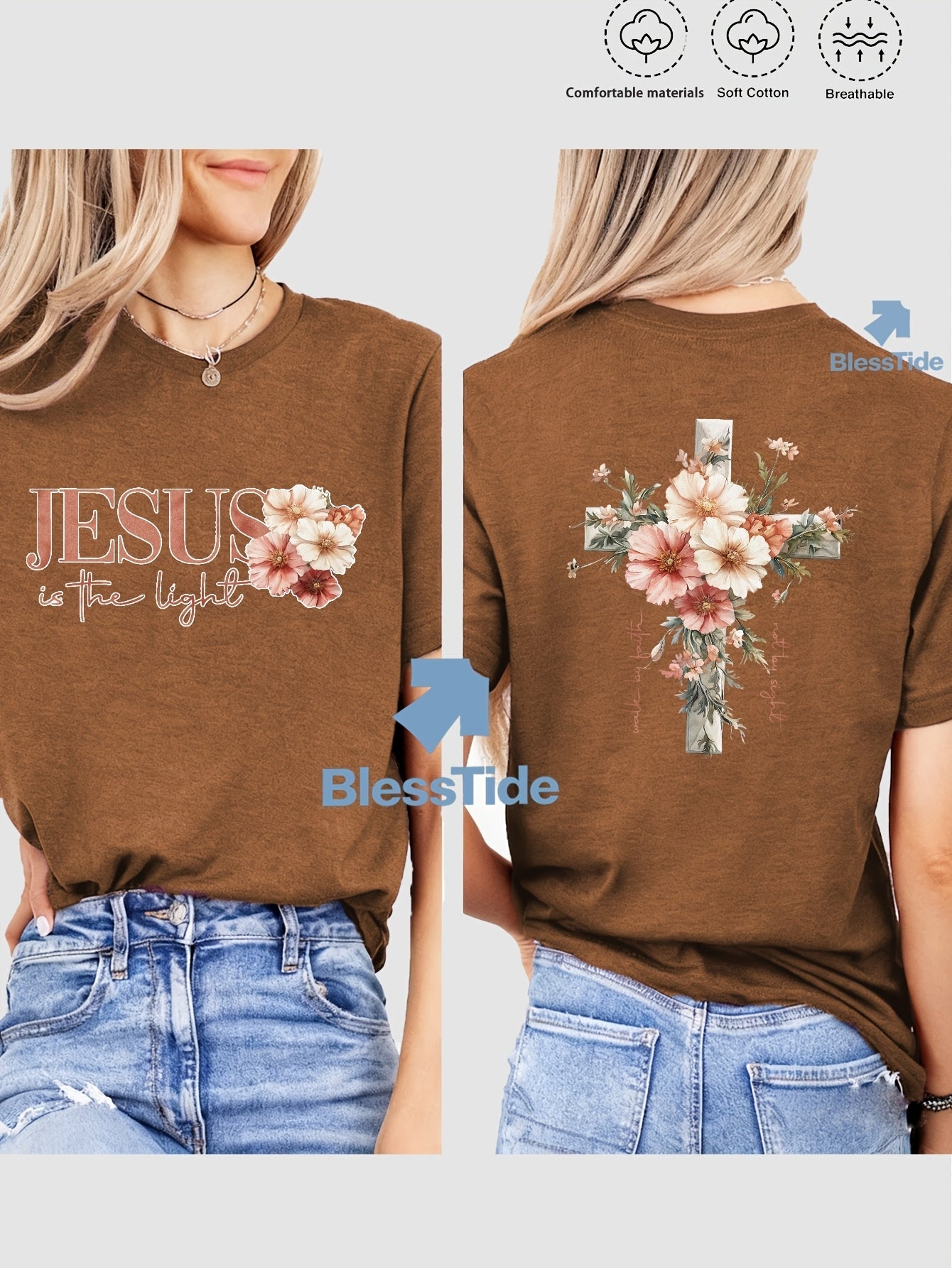 Women's Floral Print T-Shirt - Classic Neck Short Sleeve detail view