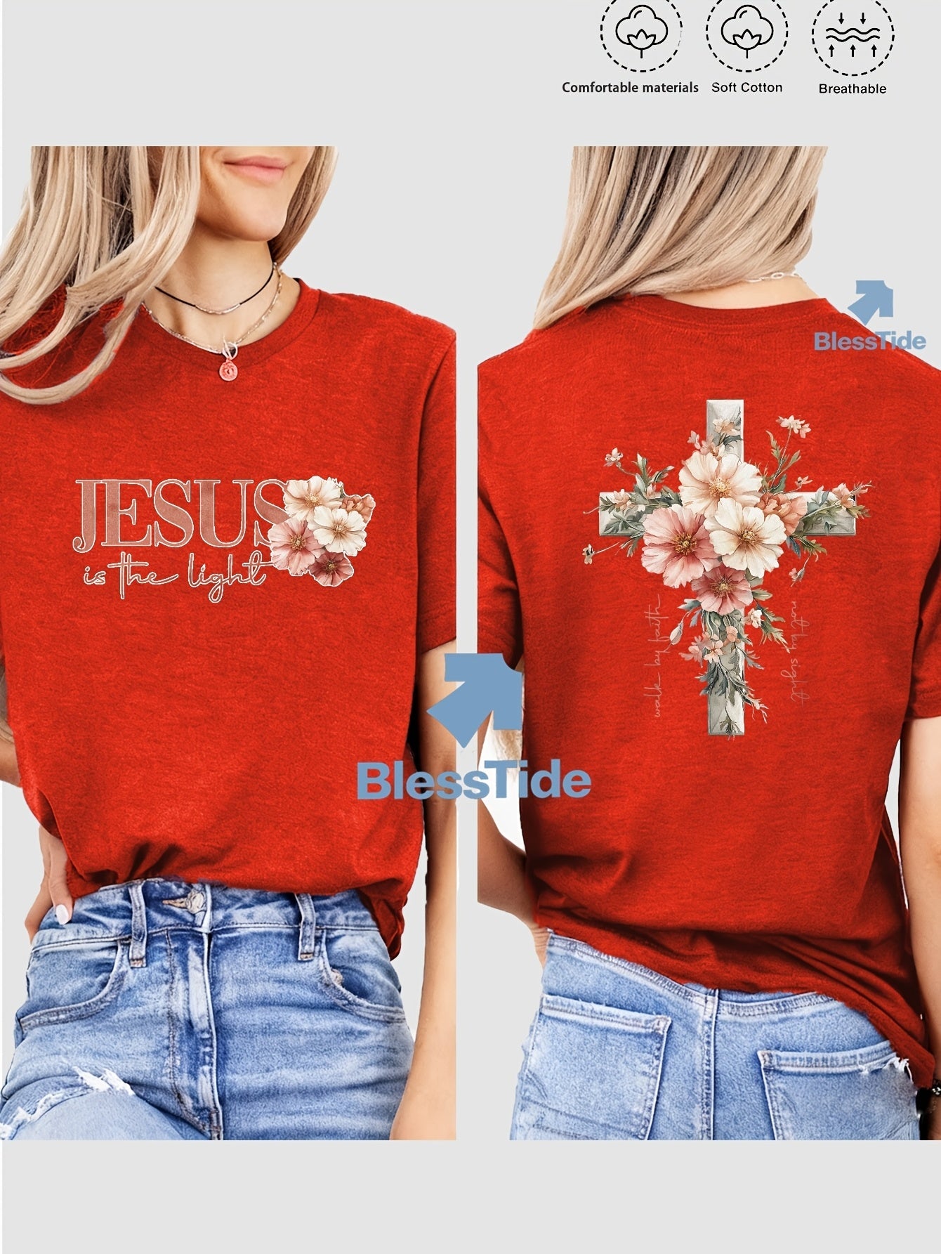 Women's Floral Print T-Shirt - Classic Neck Short Sleeve detail view