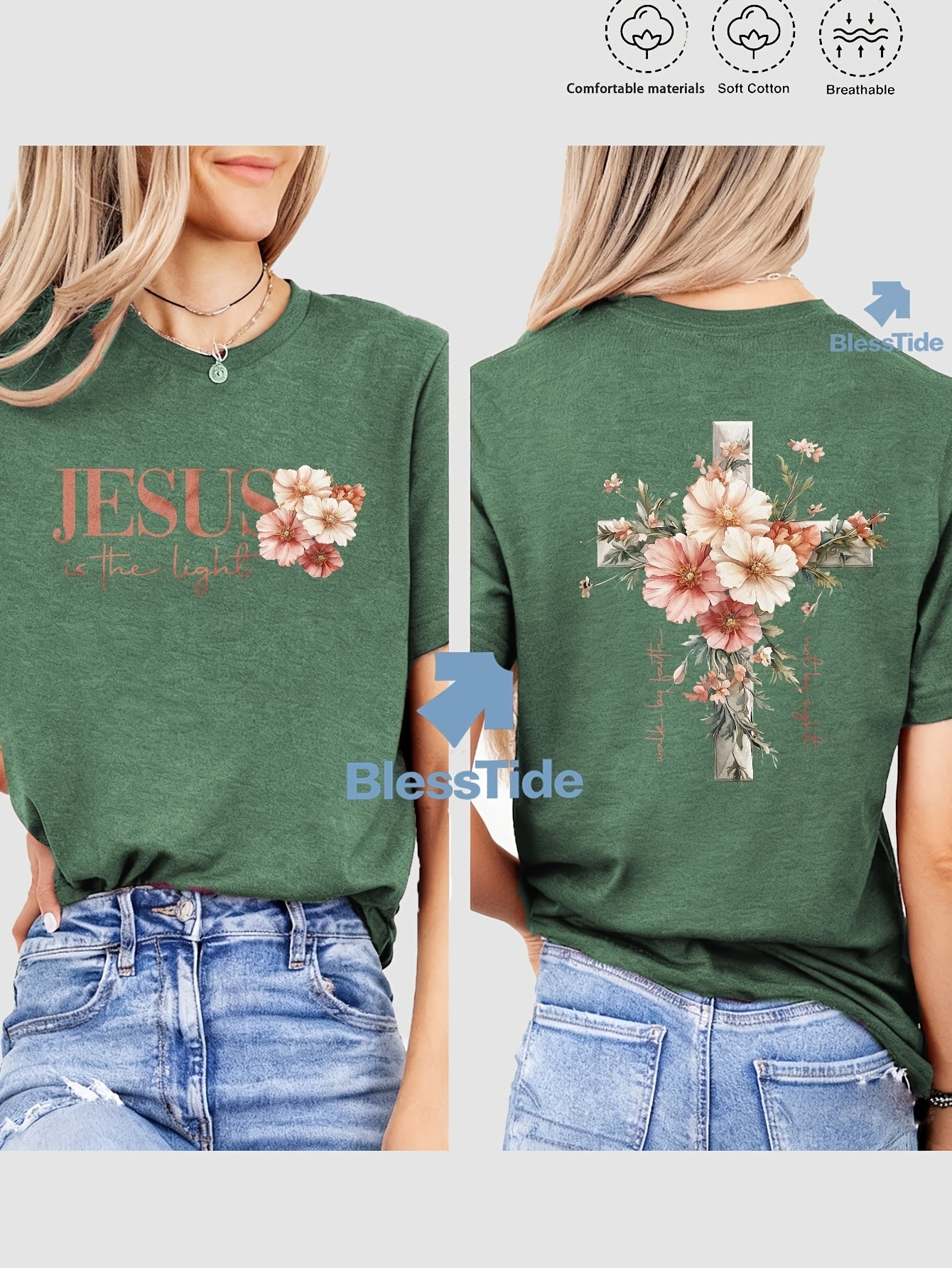 Women's Floral Print T-Shirt - Classic Neck Short Sleeve detail view