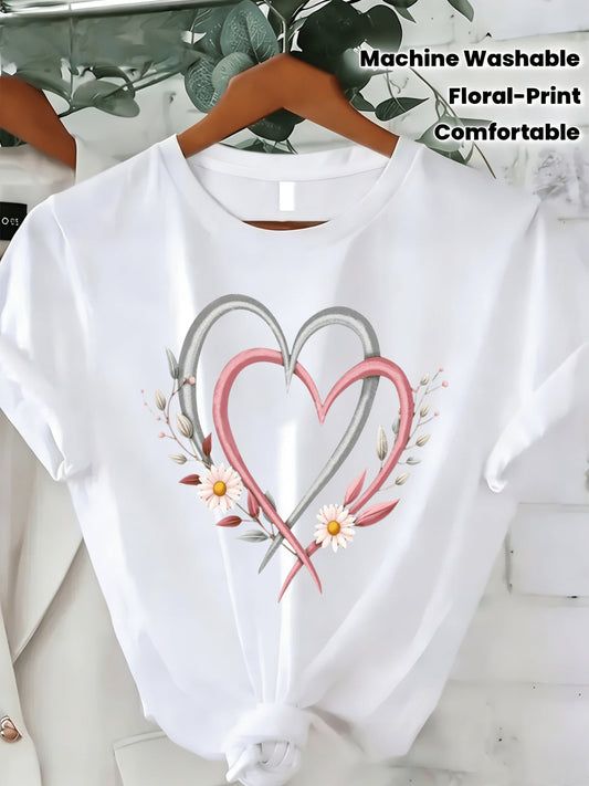 Women's Floral Print T-Shirt - Crew Neck Short Sleeve – White option – main product image