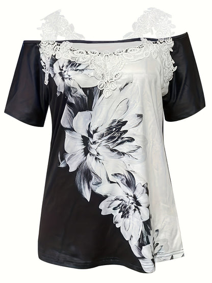 Women's Floral Print T-Shirt - Regular Fit – Black detail view