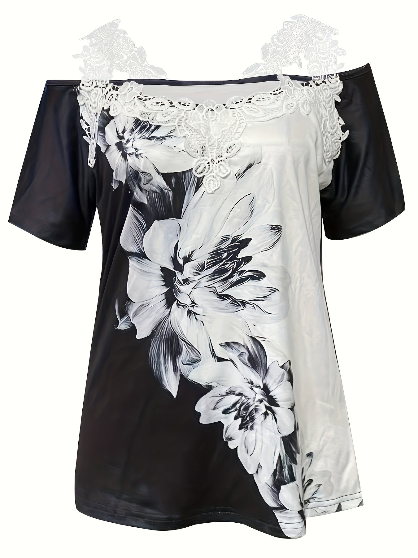 Women's Floral Print T-Shirt - Regular Fit – Black detail view